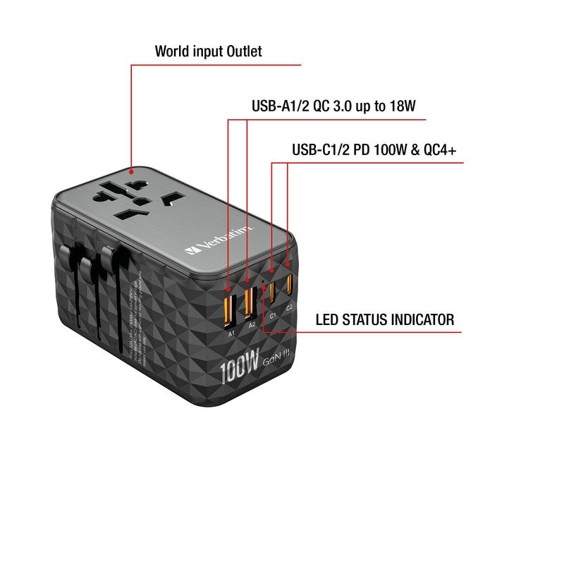 ALIMENTATION UNIVERSELLE 2 USB A ET 2 C 100W INTERNATIONALE 32121 VERBATIM